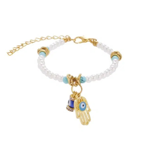 White and Blue Pearl with Hamsa Charm Bracelet-Evil Eye Bracelet-Auswara