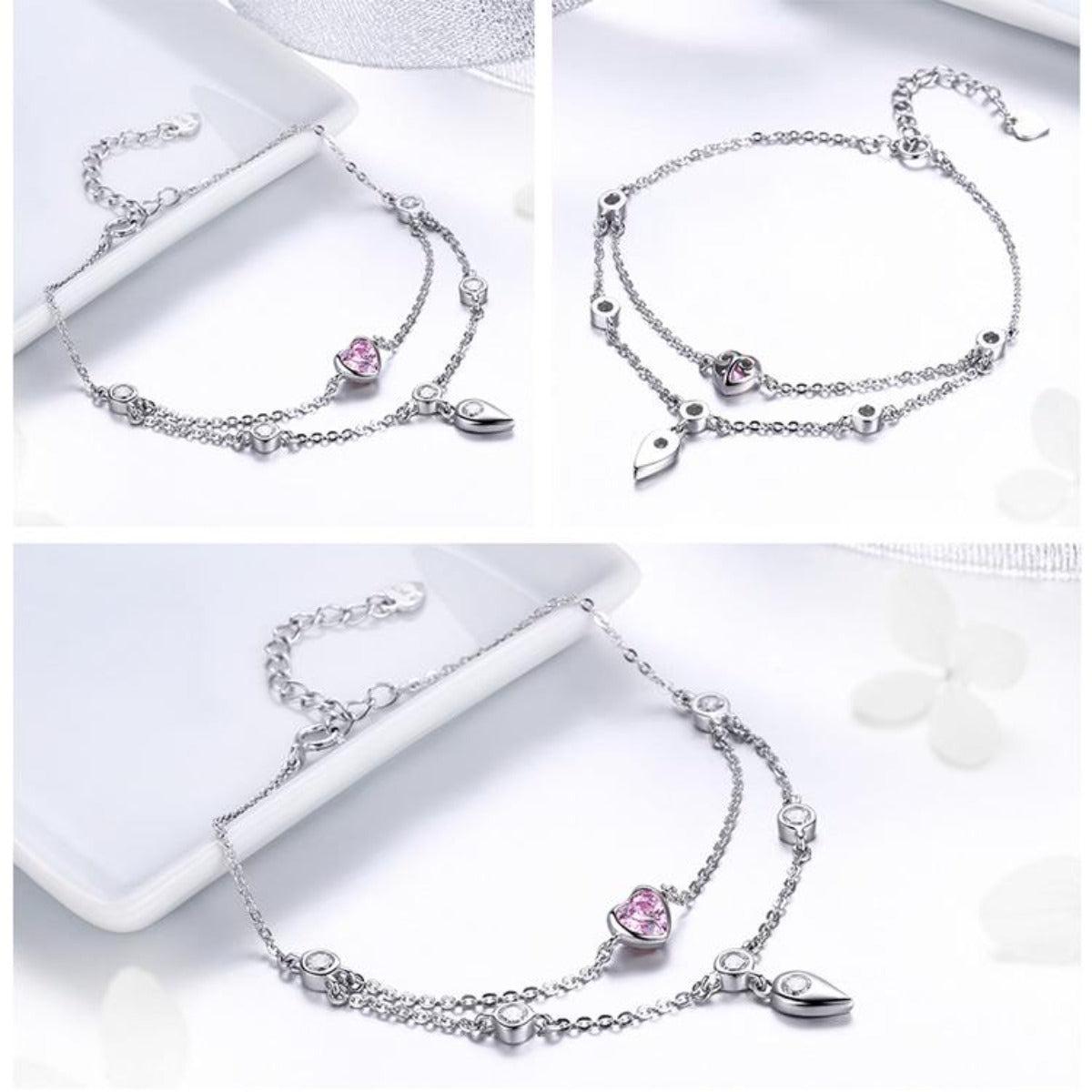 Women Platinum Plated Pink Heart Layered Bracelet-Women Bracelets-Auswara