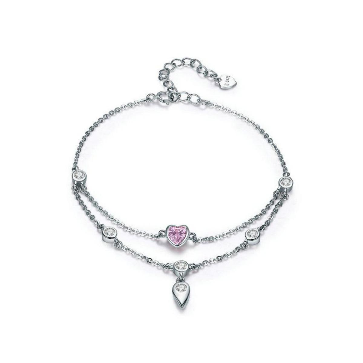 Women Platinum Plated Pink Heart Layered Bracelet-Women Bracelets-Auswara