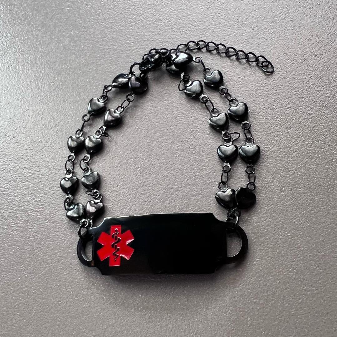 Women's Black Heart Double Chain Medical ID Bracelet-Medical ID Bracelet-Auswara