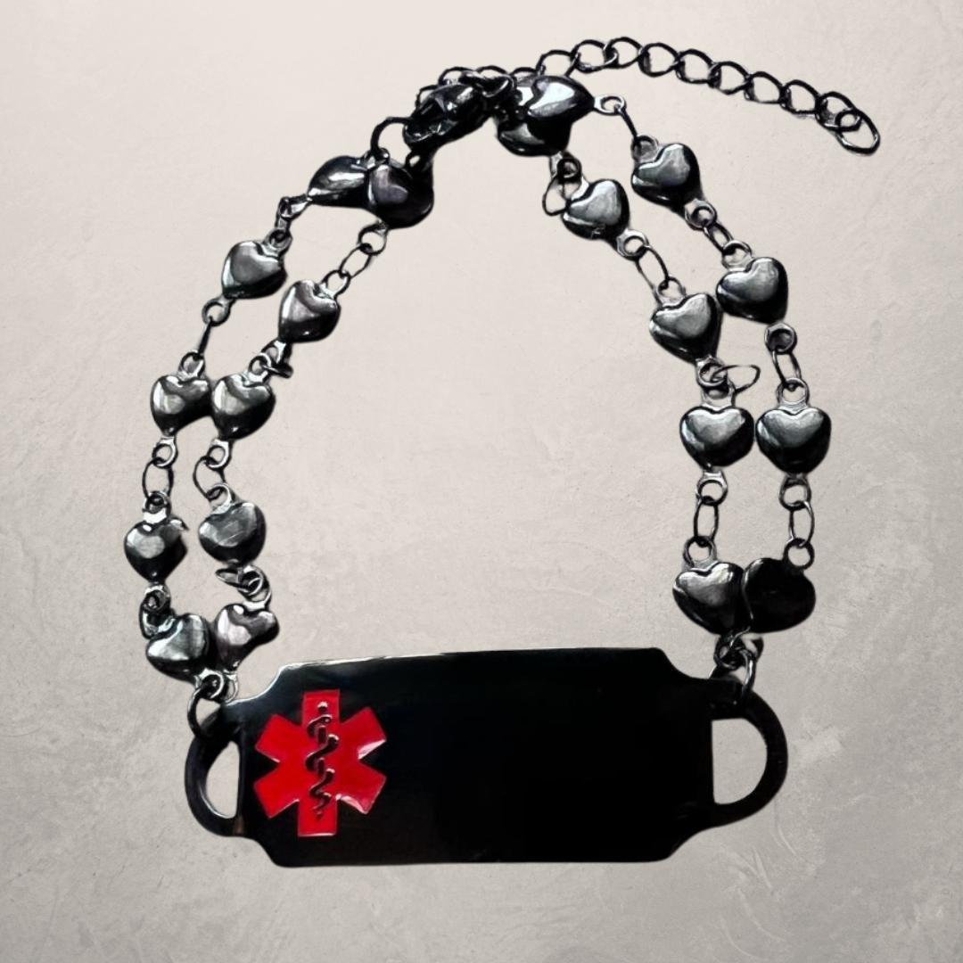 Women's Black Heart Double Chain Medical ID Bracelet-Medical ID Bracelet-Auswara