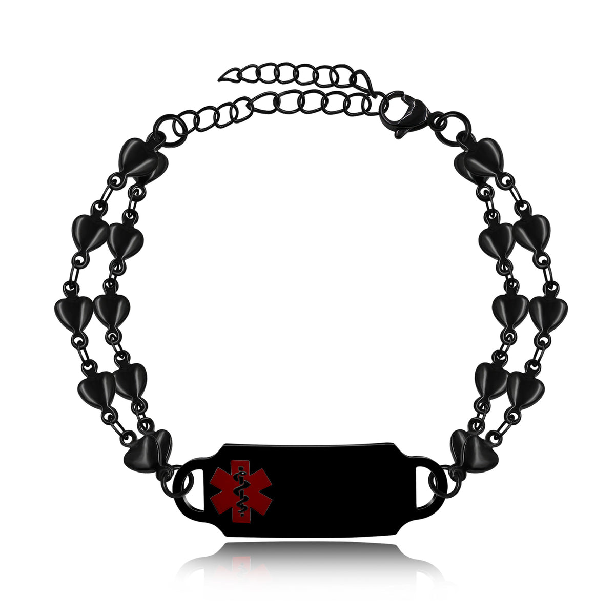 Women's Black Heart Double Chain Medical ID Bracelet