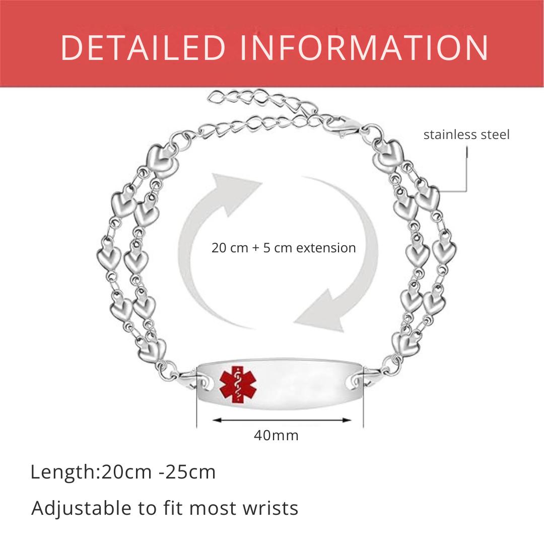 Women's Double Chain Heart Medical ID Bracelet-Medical ID Bracelet-Auswara