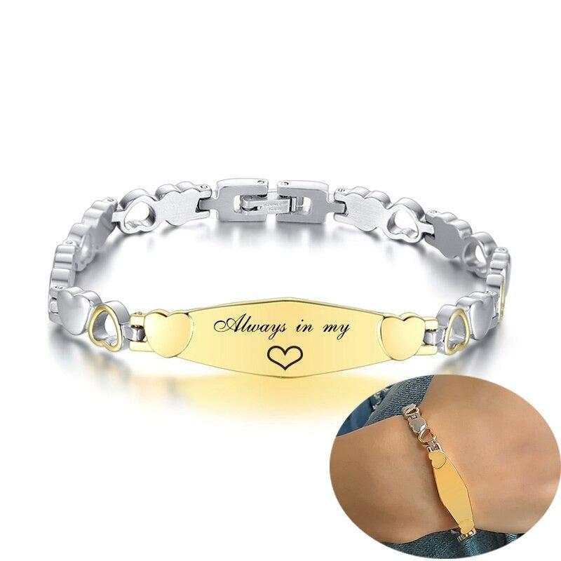 Women’s Personalised Bar with Heart Chain Bracelet-Women Bracelets-Auswara