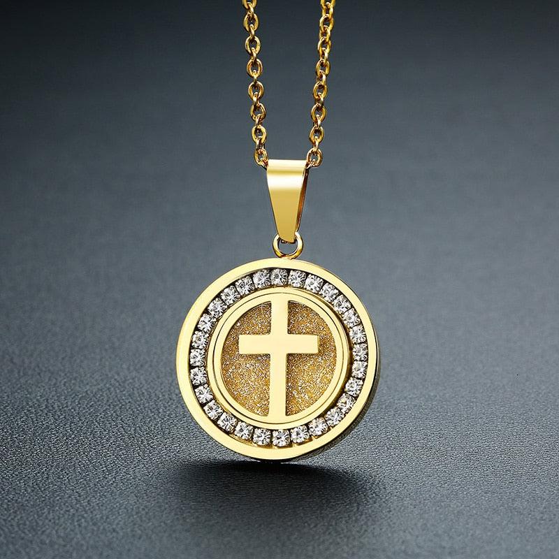 Women’s Round Pendant Cross Necklace-Cross Necklace-Auswara