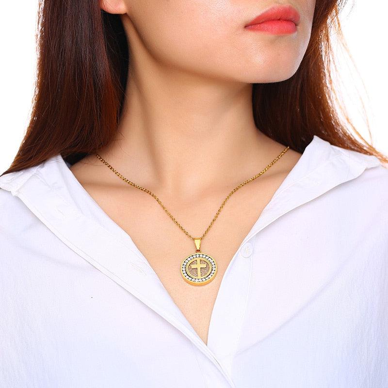 Women’s Round Pendant Cross Necklace-Cross Necklace-Auswara